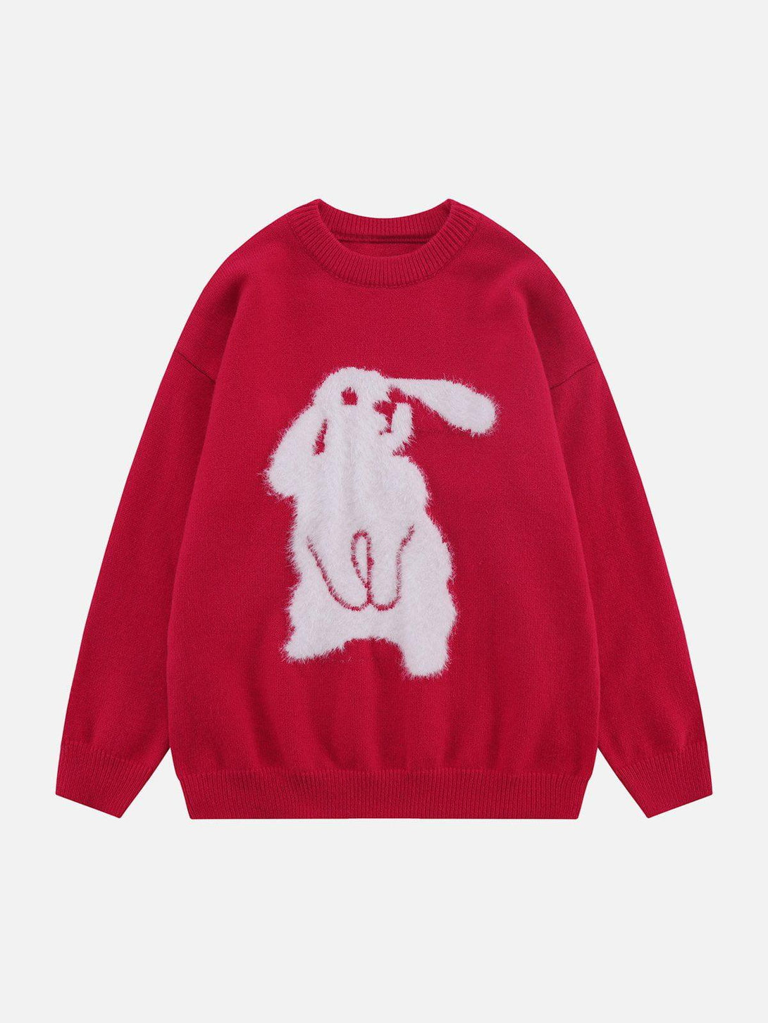 Front view of a red Flocking Bunny Sweater by TALISHKO, featuring a playful white bunny design.