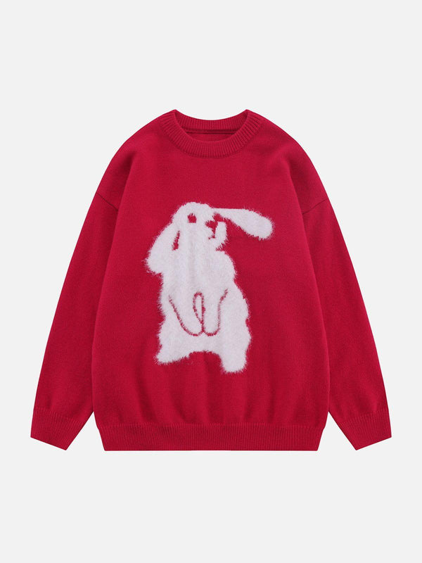 Front view of a red Flocking Bunny Sweater by TALISHKO, featuring a playful white bunny design.