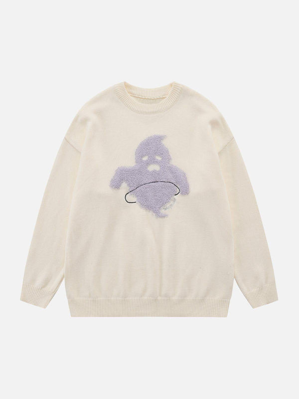 Front view of apricot Flocking Ghost Sweater by TALISHKO, featuring a playful design.