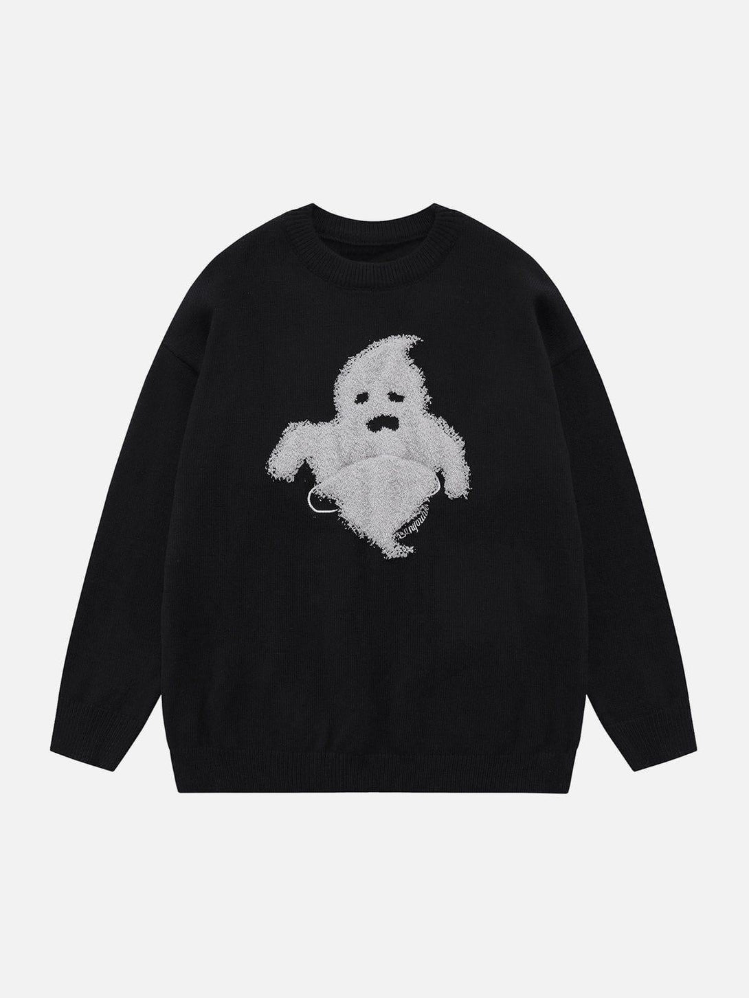 Front view of black Flocking Ghost Sweater by TALISHKO, featuring a playful ghost design.