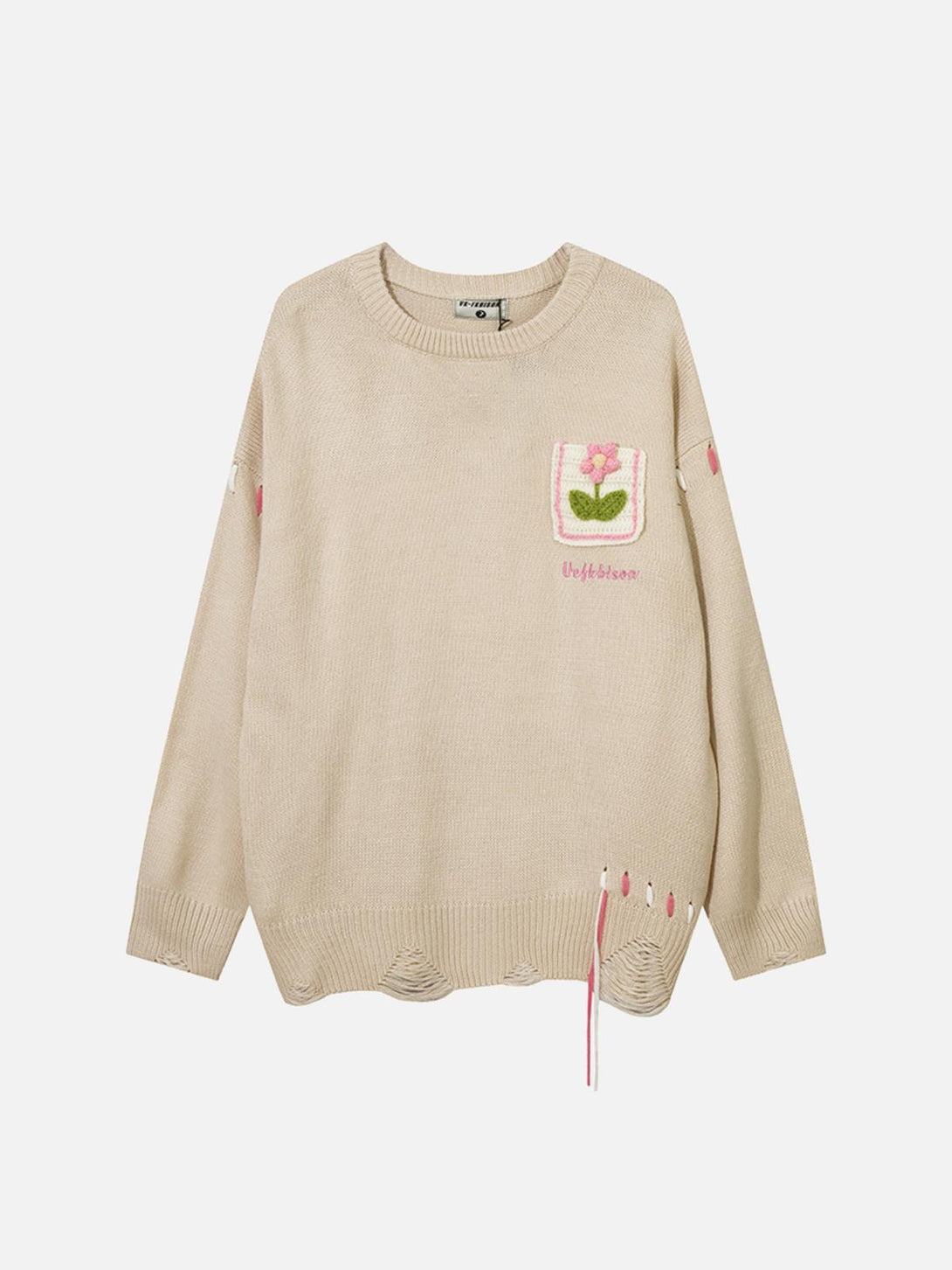 Front view of a beige crew neck sweater by TALISHKO, featuring floral embroidery and unique details.