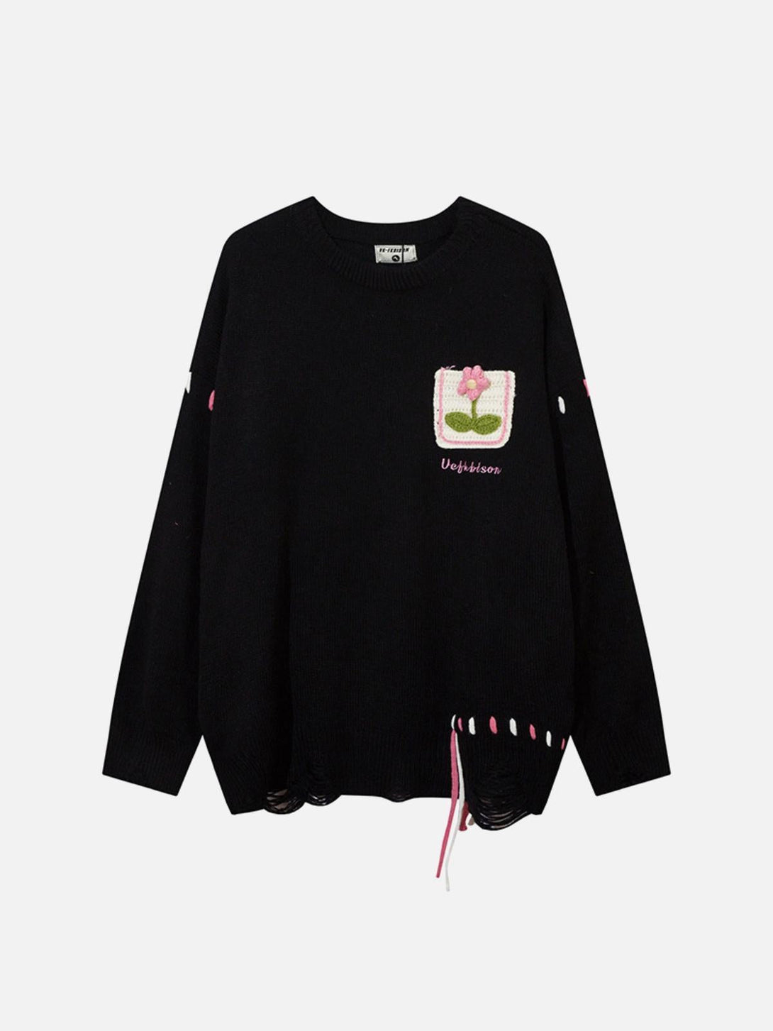 Front view of a black crew neck sweater by TALISHKO, featuring floral embroidery and distressed details.