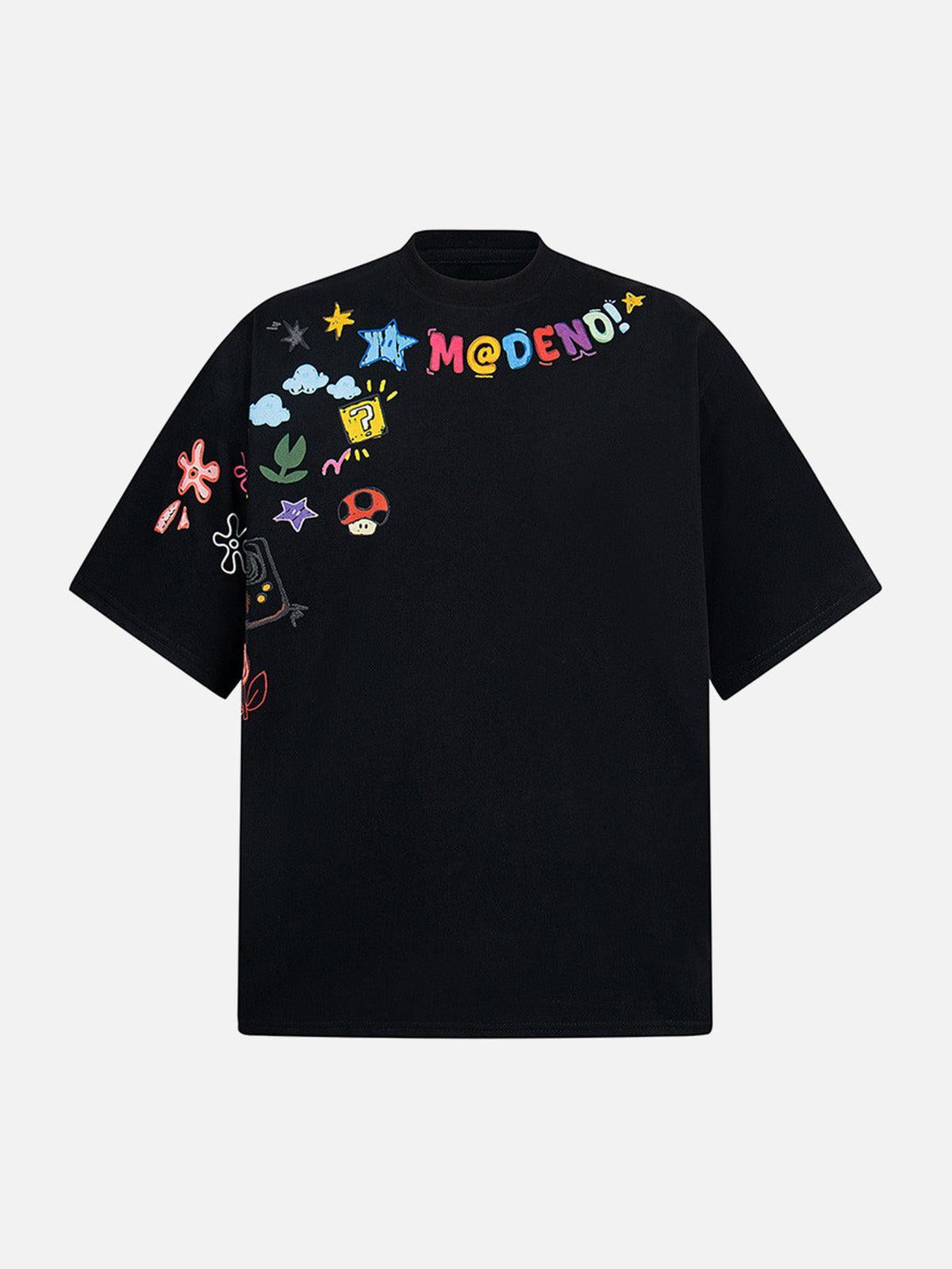 Black crew neck T-shirt with colorful floral embroidery by TALISHKO, front view.