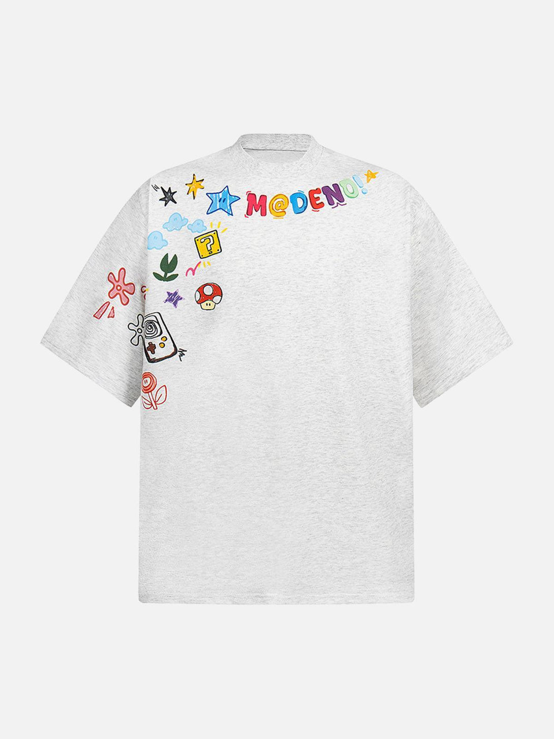 Front view of gray TALISHKO T-shirt with colorful embroidered designs, perfect for a casual look.