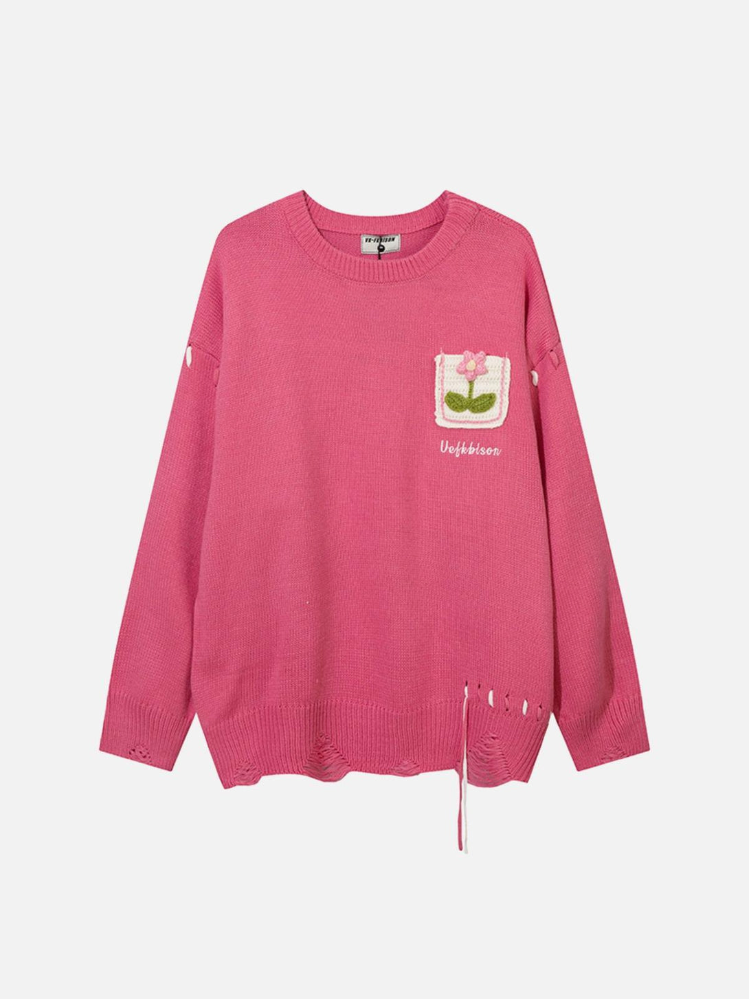 Front view of a rose crew neck sweater by TALISHKO, featuring floral embroidery and unique details.