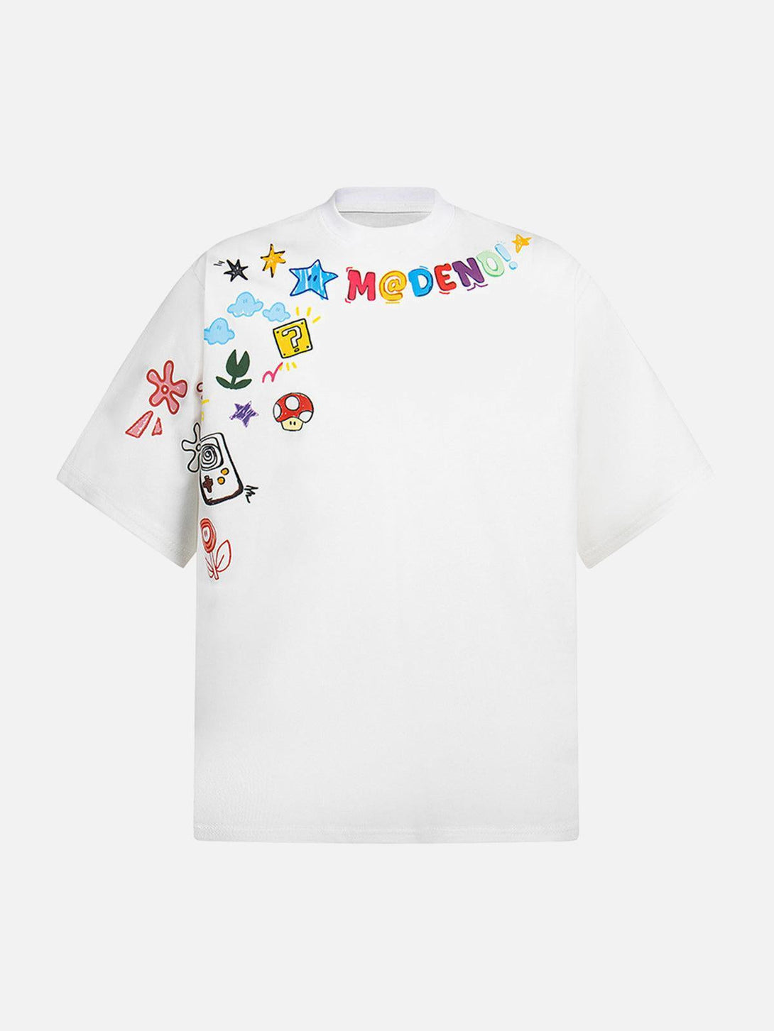 Front view of white TALISHKO T-shirt with colorful, playful embroidery, ideal for vibrant summer style.