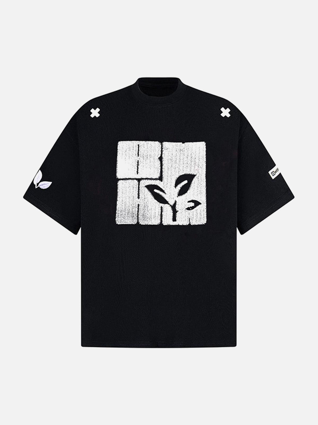 Front view of TALISHKO black floral graphic print T-shirt, showcasing bold summer style.