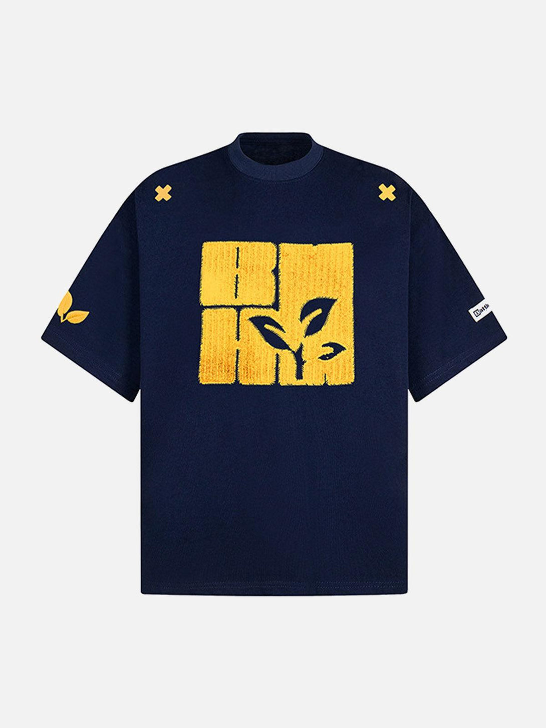 Navy blue graphic print T-shirt by TALISHKO, featuring a bold floral design on the front.