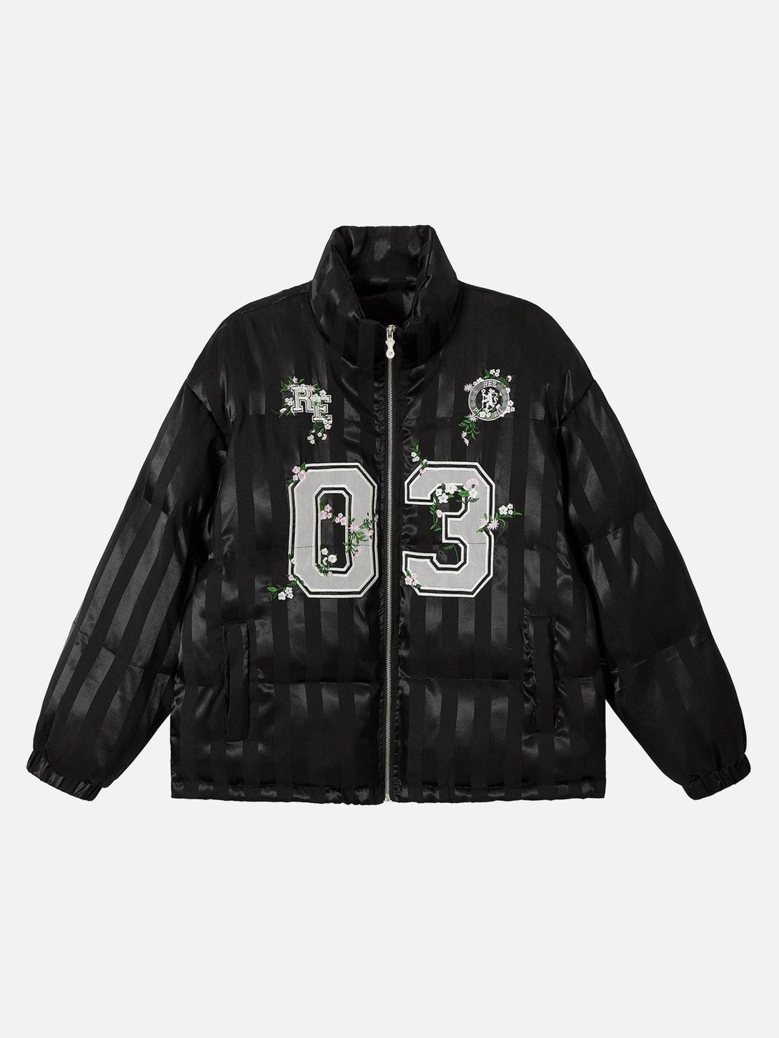 Front view of black floral letter embroidered cotton coat with stand collar by TALISHKO.