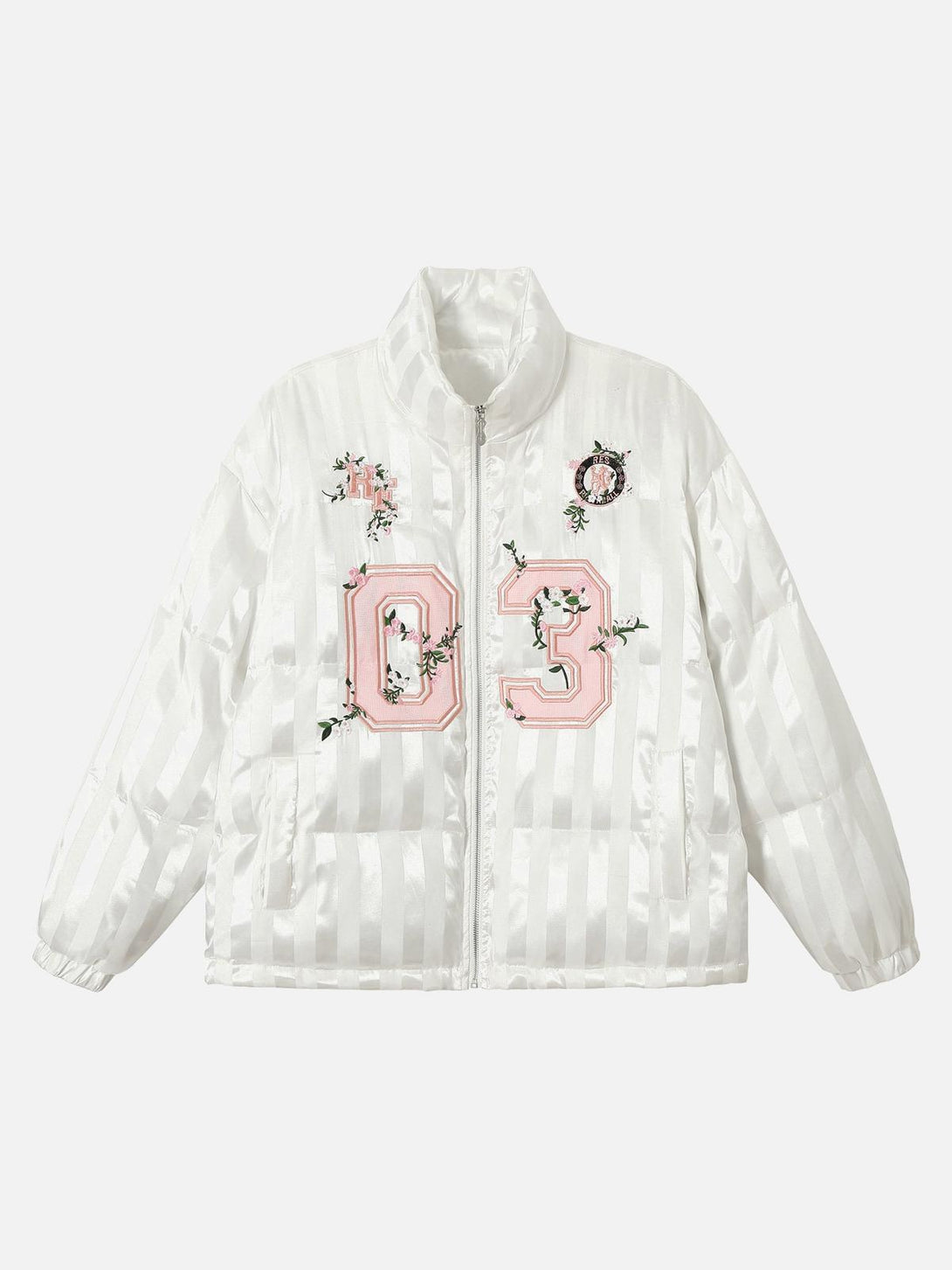 Front view of a white floral letter embroidered cotton coat by TALISHKO, featuring a stand collar.