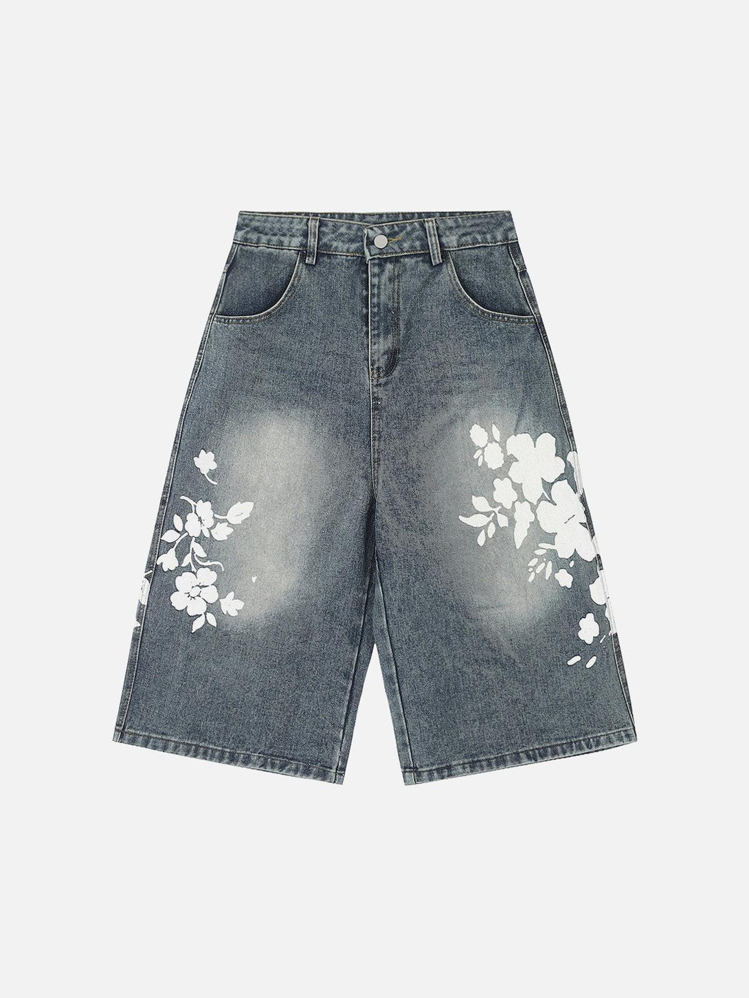 Front view of blue floral print denim shorts by TALISHKO, ideal for a casual summer look.