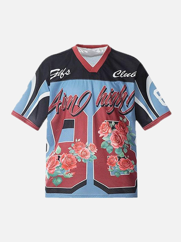 Front view of a blue floral print jersey V-neck T-shirt by TALISHKO, perfect for summer style.