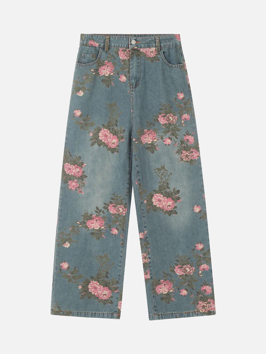 Front view of blue floral print straight jeans by TALISHKO, showcasing a chic street style.