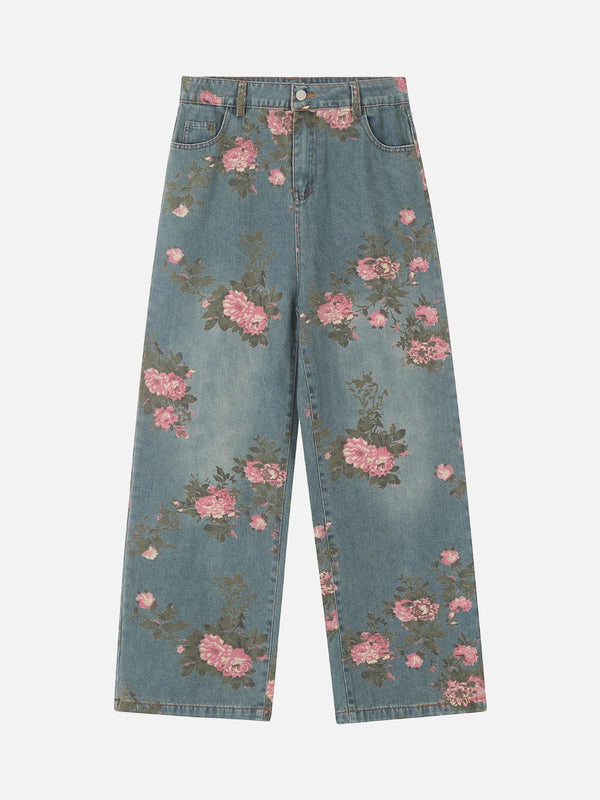 Front view of blue floral print straight jeans by TALISHKO, showcasing a chic street style.