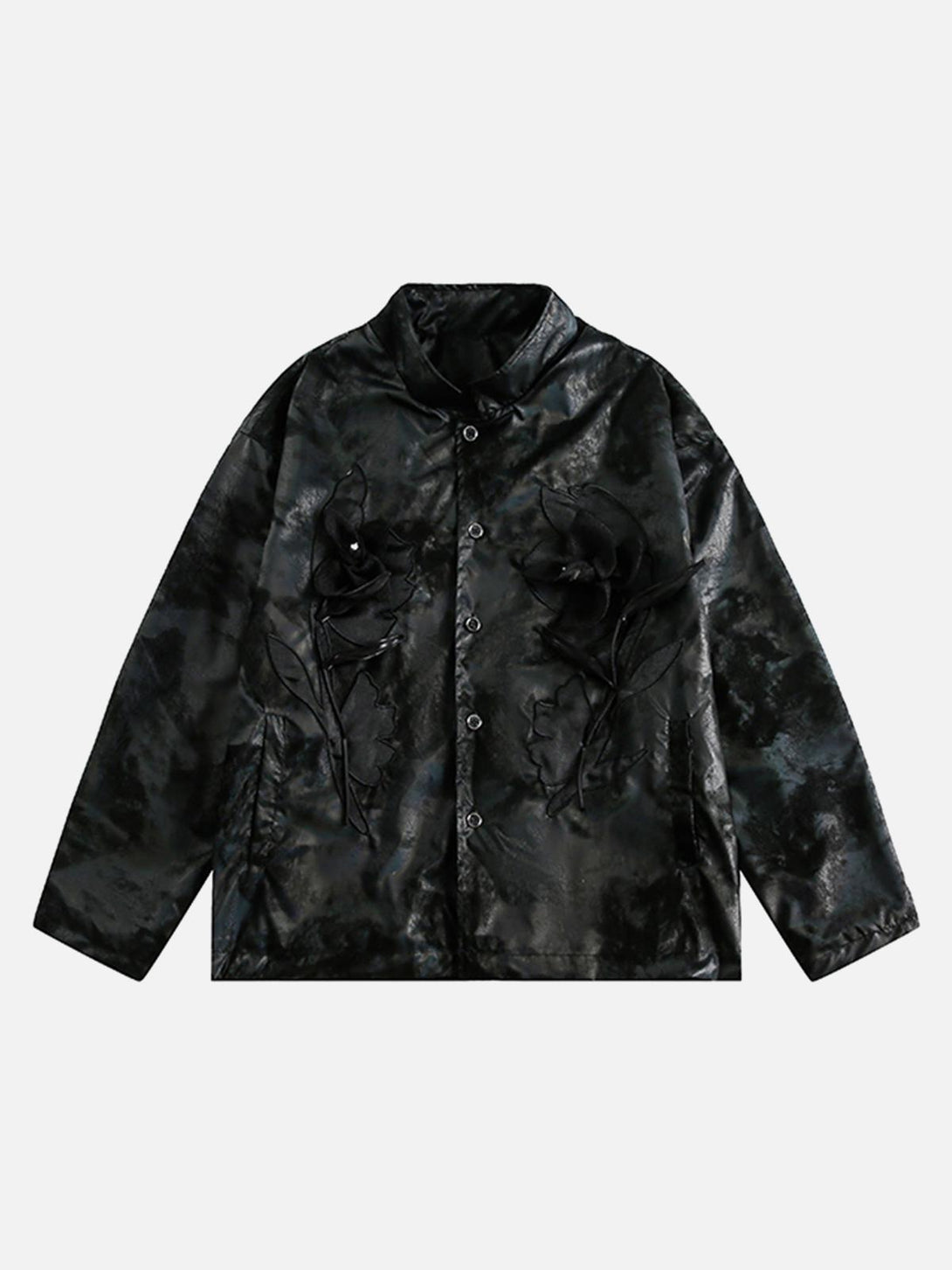 Front view of a black floral stand collar leather jacket by TALISHKO, perfect for urban style.