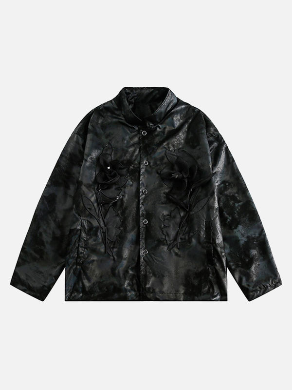 Front view of a black floral stand collar leather jacket by TALISHKO, perfect for urban style.