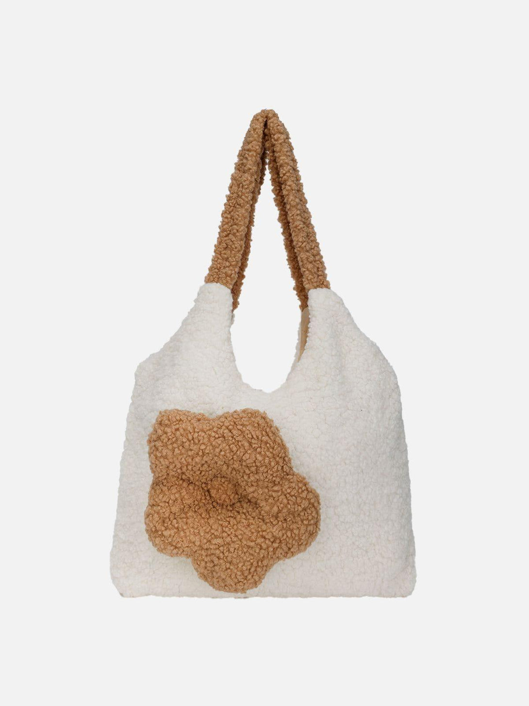 Front view of a beige Flower Sherpa Bag with floral detail by TALISHKO, perfect for casual outings.