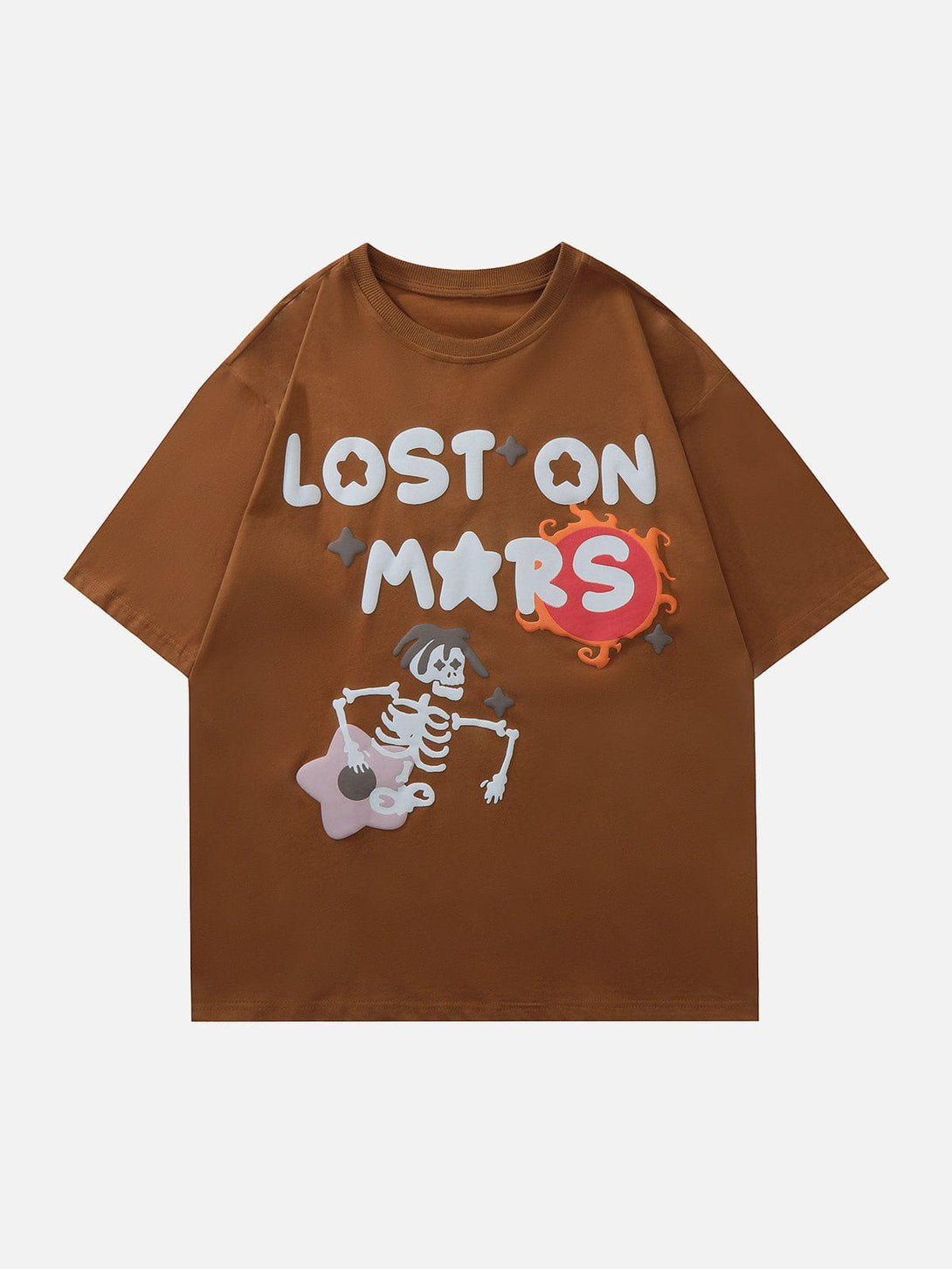 Front view of brown TALISHKO tee with a playful skeleton and flower graphic design.