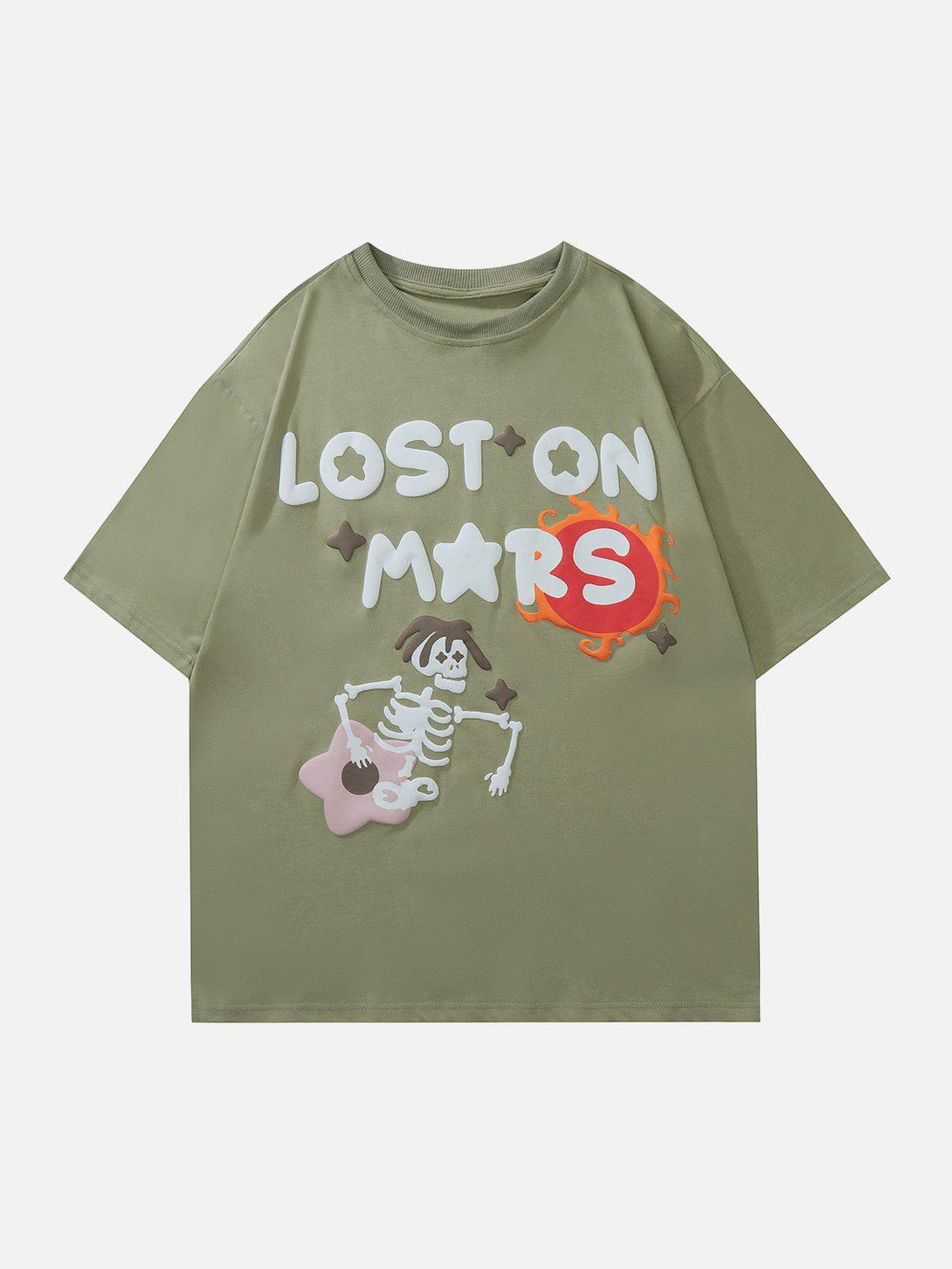 Front view of green TALISHKO tee with a playful skeleton and flower design, perfect for summer.