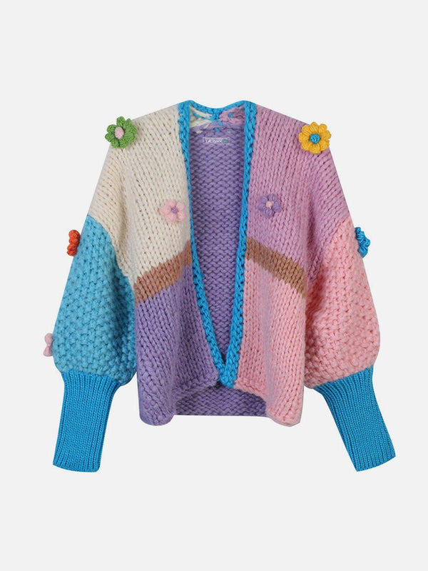 Colorful cardigan with floral embroidery and oversized sleeves by TALISHKO, front view.