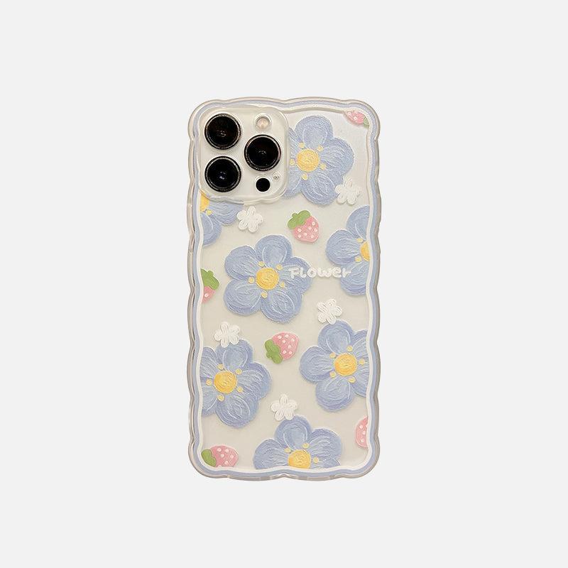 TALISHKO floral iPhone case with blue flowers and strawberries, featuring a wavy edge design.