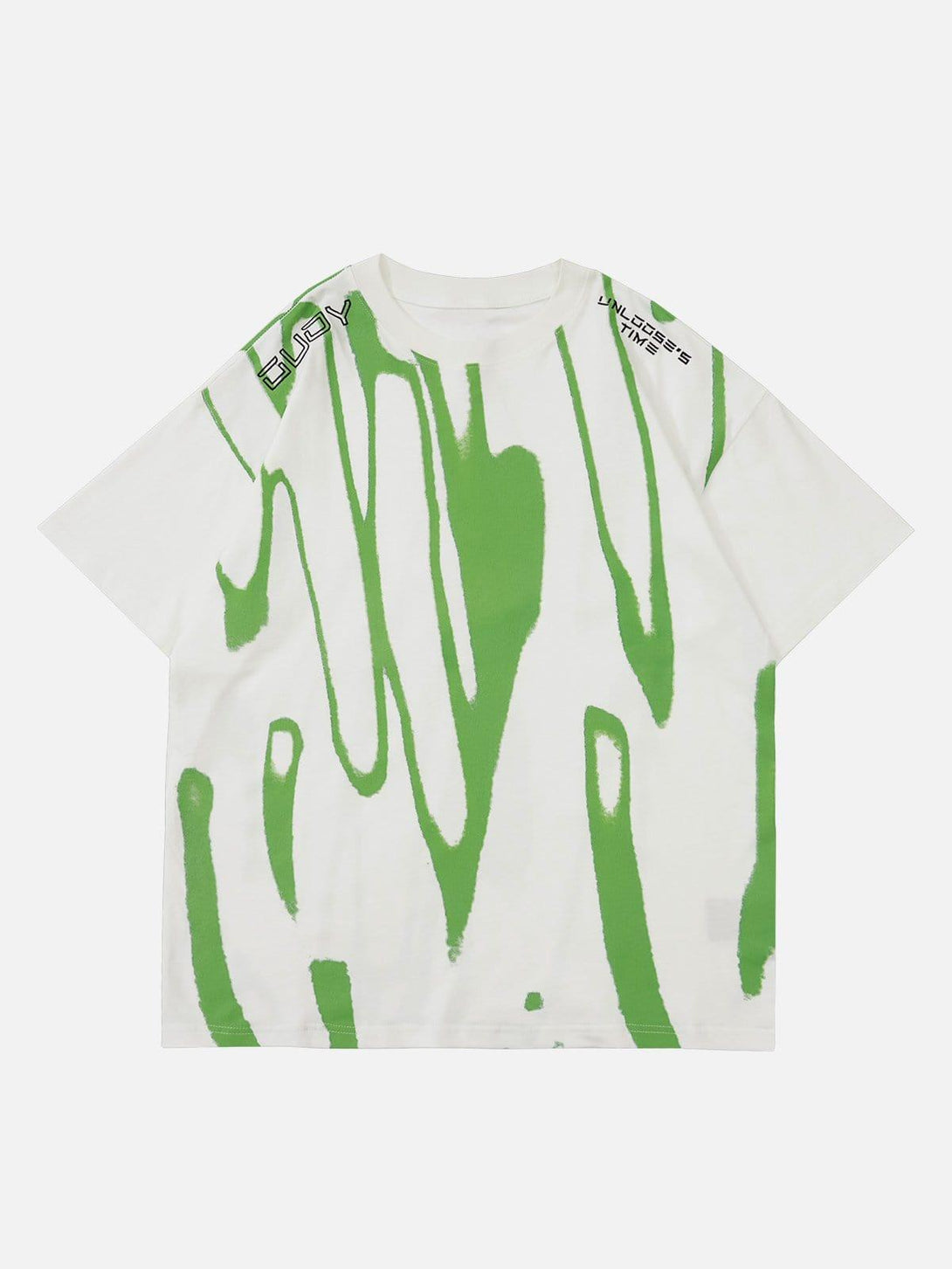 Front view of a beige tee with fluorescent green patterns by TALISHKO, ideal for a fresh look.