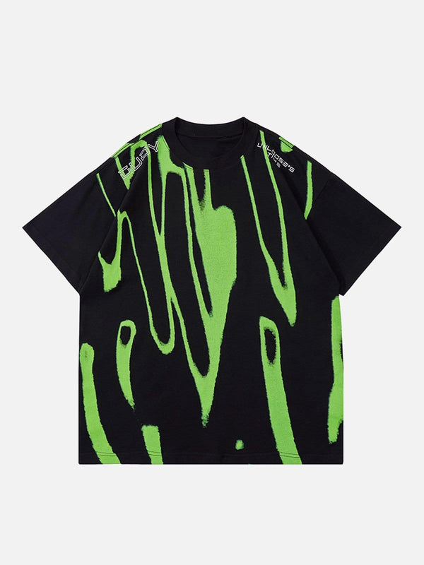 Front view of a black tee with fluorescent green patterns by TALISHKO, perfect for vibrant summer fashion.