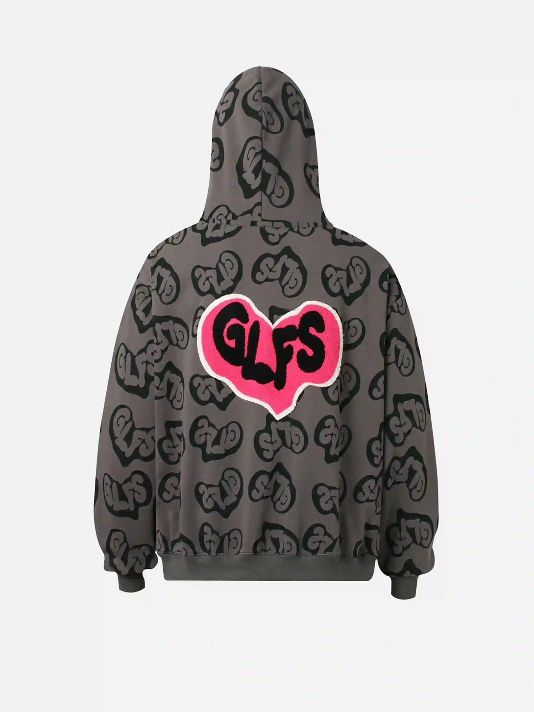 Back view of a gray Foam Heart Hoodie by TALISHKO, featuring bold graphic patterns.