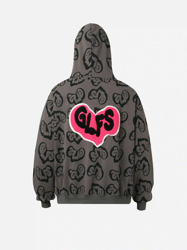 Back view of a gray Foam Heart Hoodie by TALISHKO, featuring bold graphic patterns.
