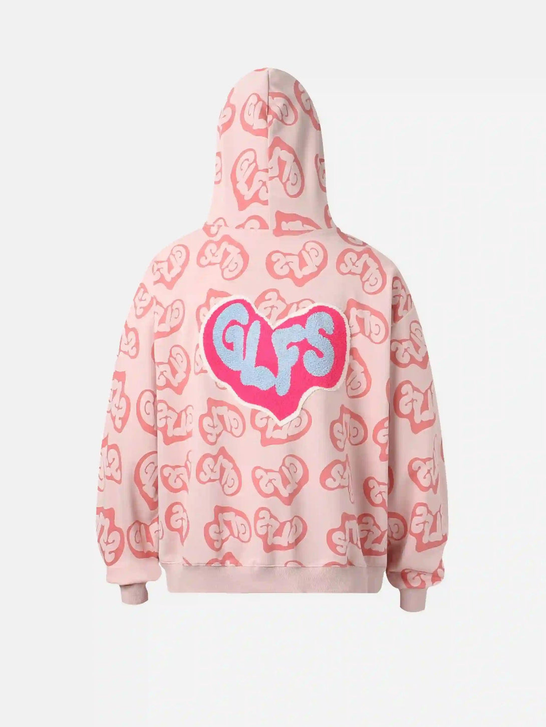 Back view of a pink Foam Heart Hoodie by TALISHKO, featuring vibrant graphic patterns.
