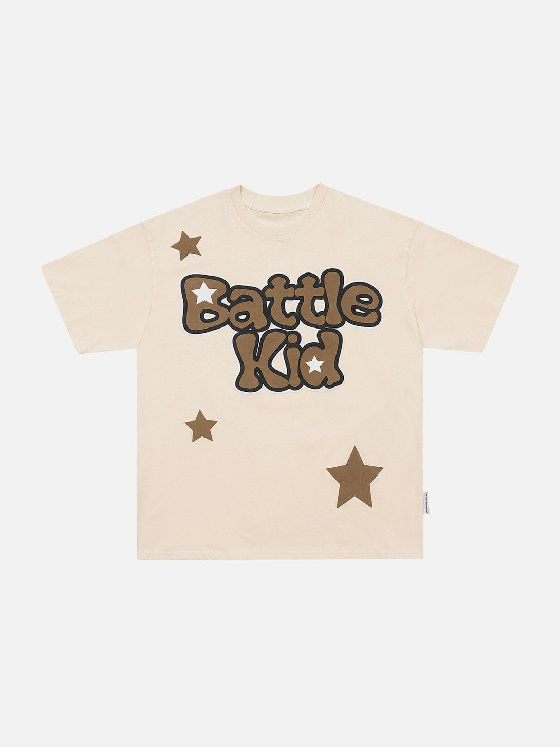 Front view of apricot "Battle Kid" tee with star graphics by TALISHKO, ideal for warm weather.