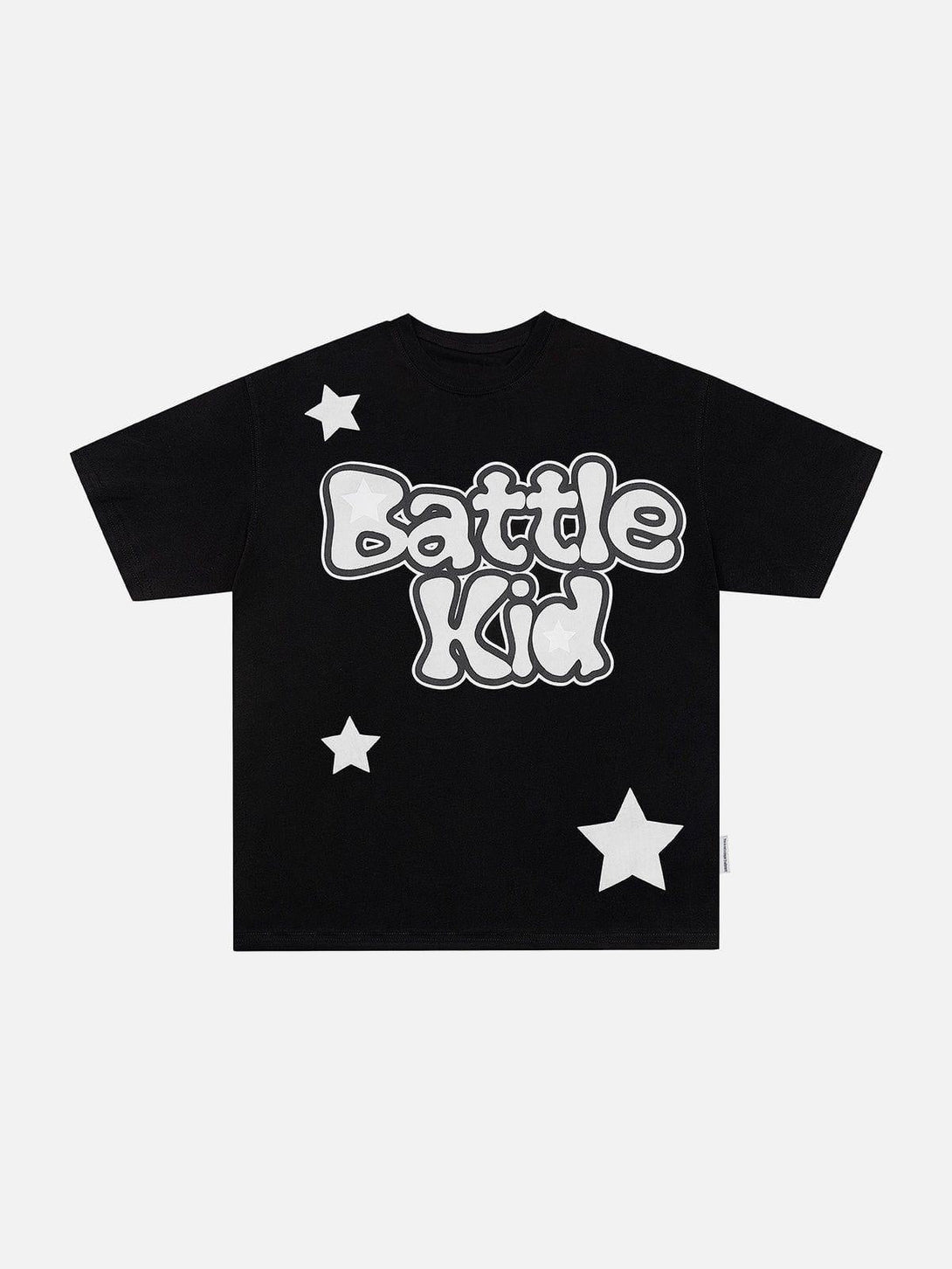 Black "Battle Kid" tee with white star designs by TALISHKO, shown in a front view.
