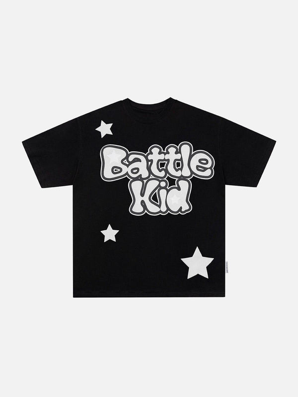 Black "Battle Kid" tee with white star designs by TALISHKO, shown in a front view.