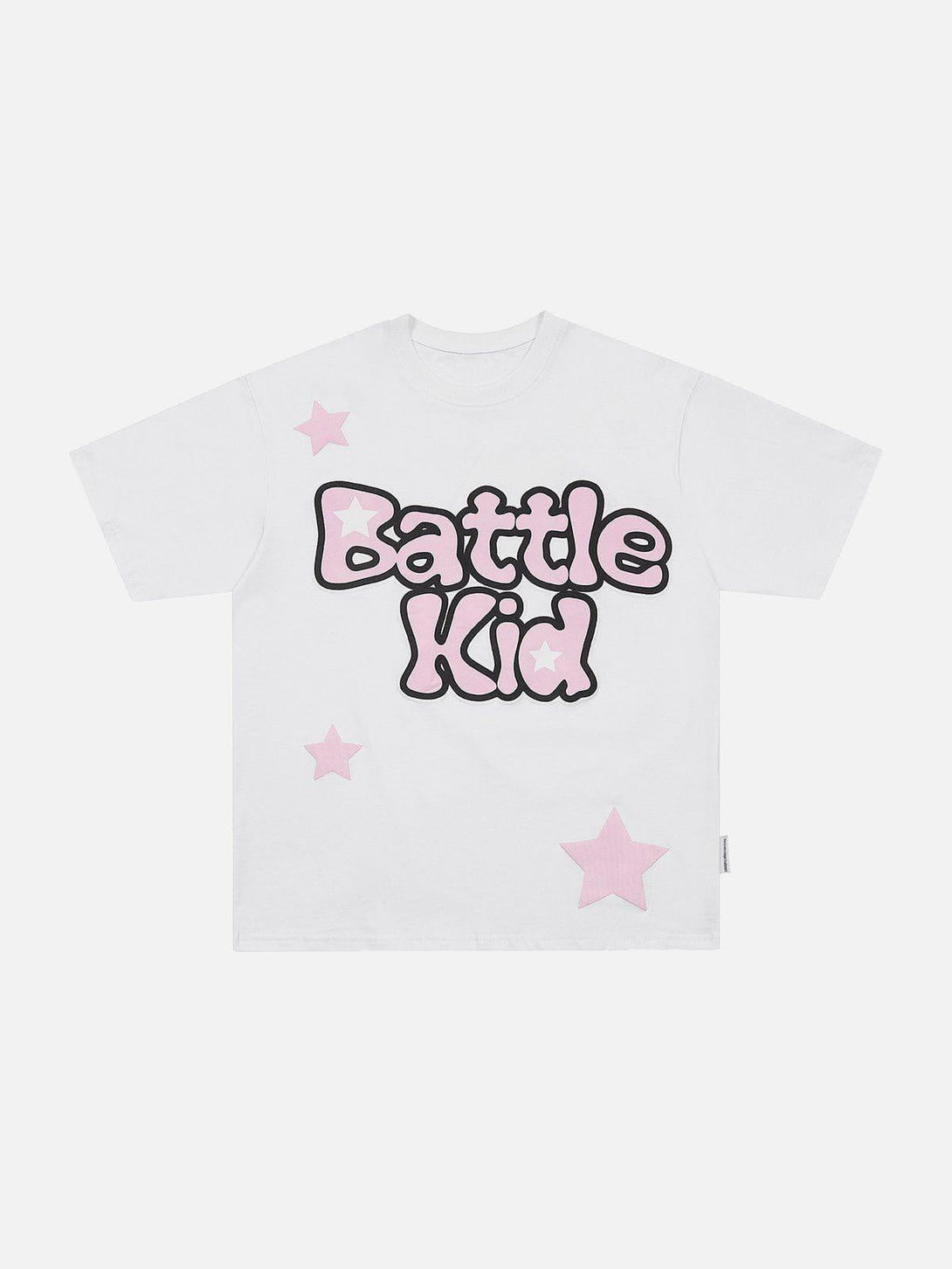 Front view of white "Battle Kid" tee with pink star graphics by TALISHKO, perfect for sunny days.