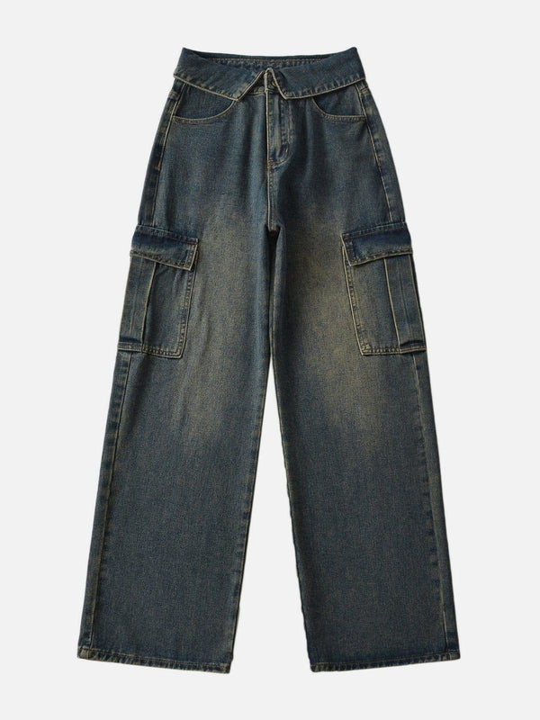 Front view of blue fold-over cargo jeans by TALISHKO, showcasing a relaxed street style.
