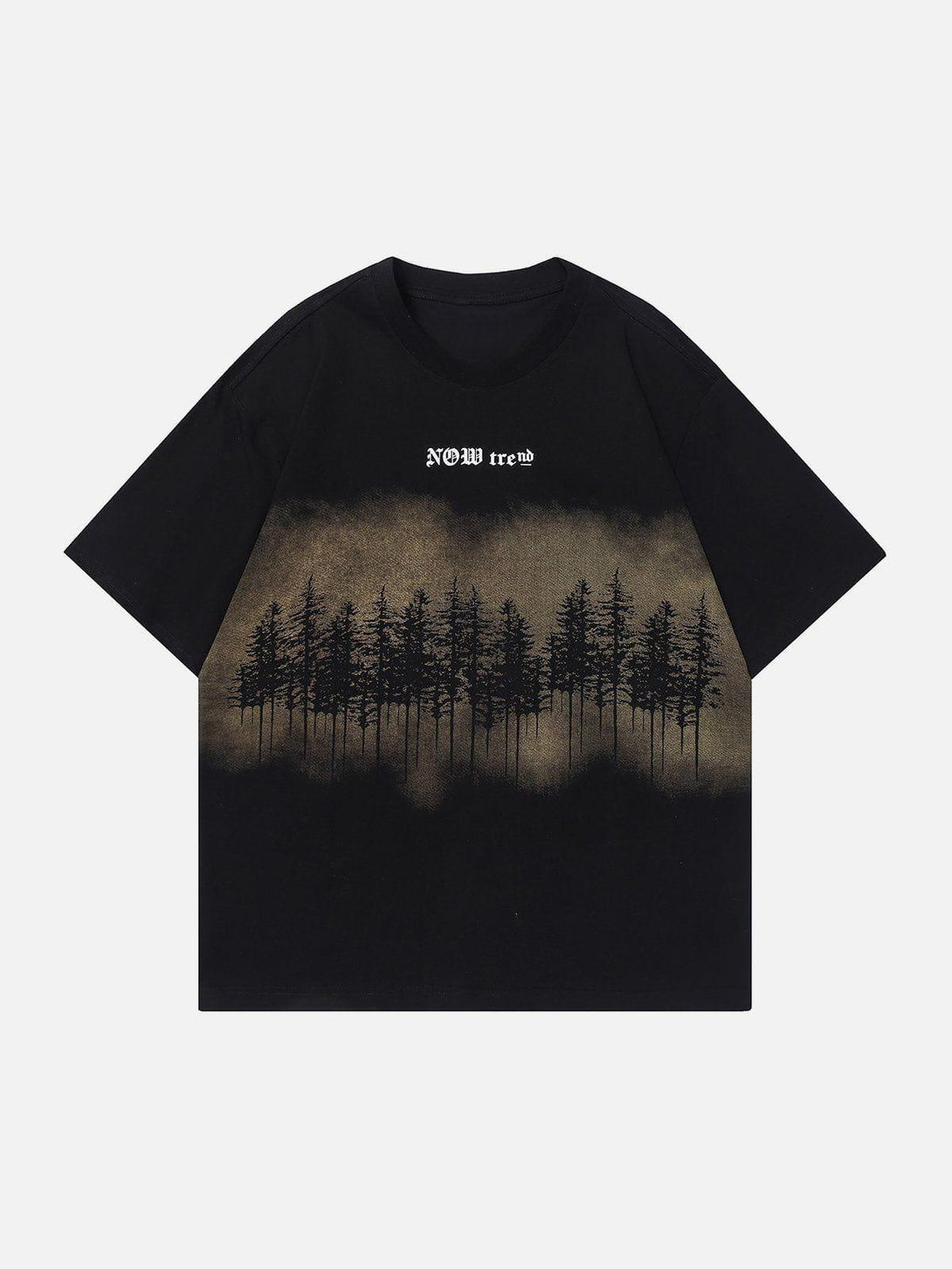 Front view of black forest print tee by TALISHKO, featuring an atmospheric tree design.