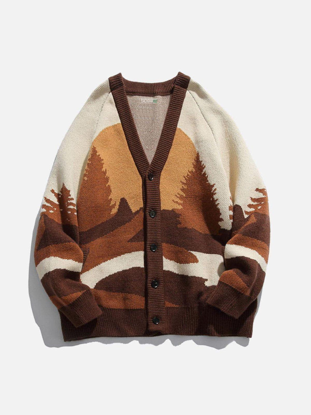 Front view of coffee-toned Forest Sunrise Cardigan by TALISHKO, featuring a nature-inspired design.