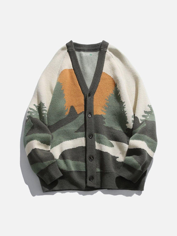 Front view of a green forest sunrise cardigan by TALISHKO, featuring a scenic nature design.