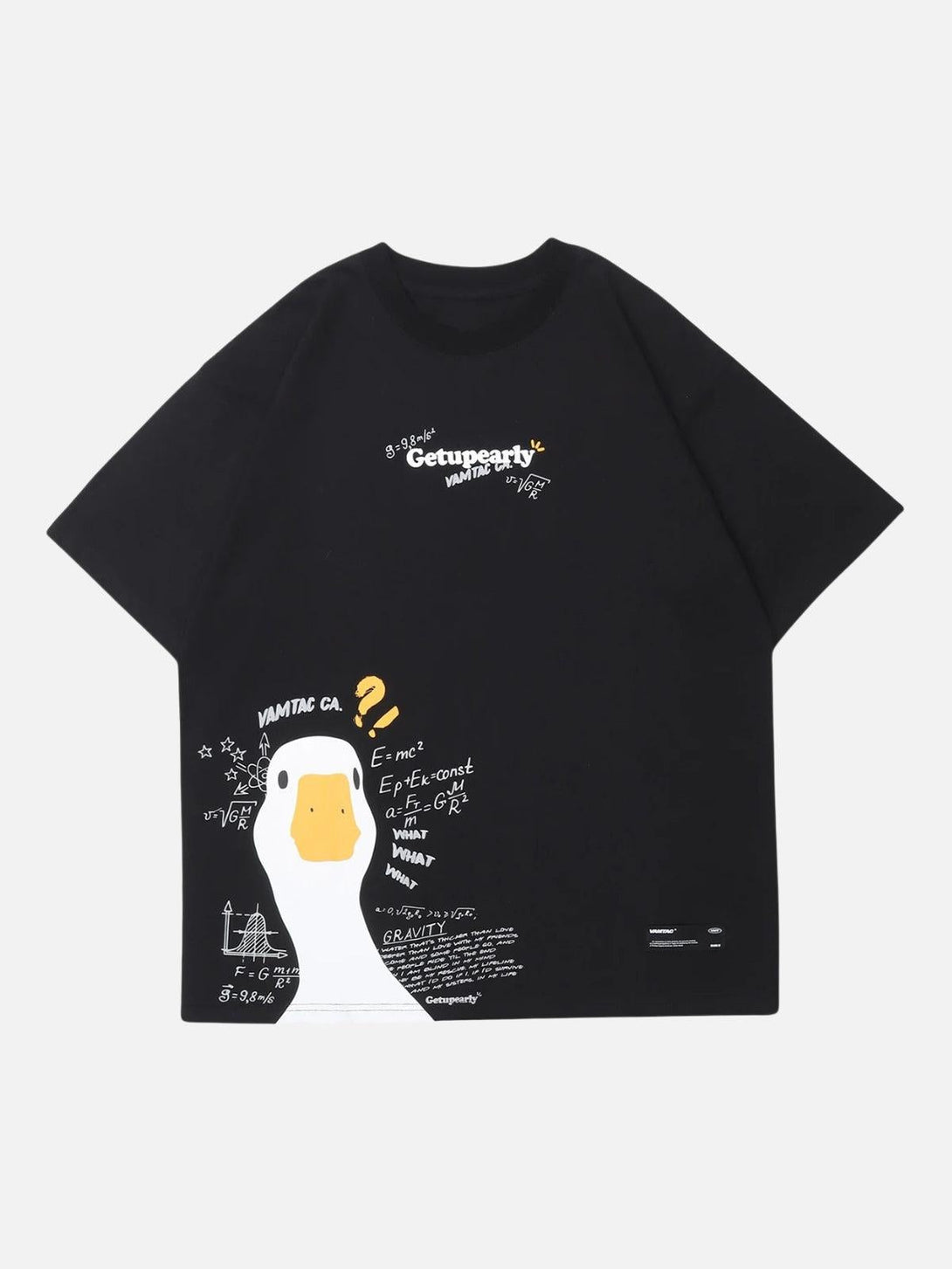 Front view of black duck graphic tee by TALISHKO, featuring playful formulas and illustrations.