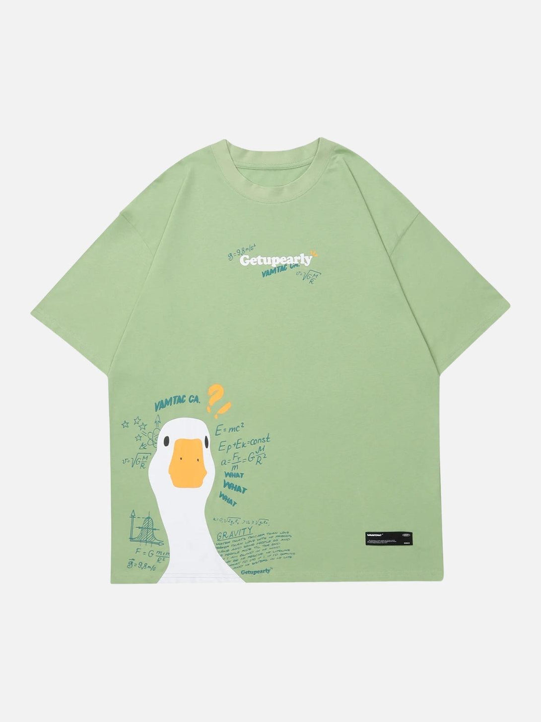 Green duck graphic tee by TALISHKO, featuring quirky formulas and illustrations on the front.
