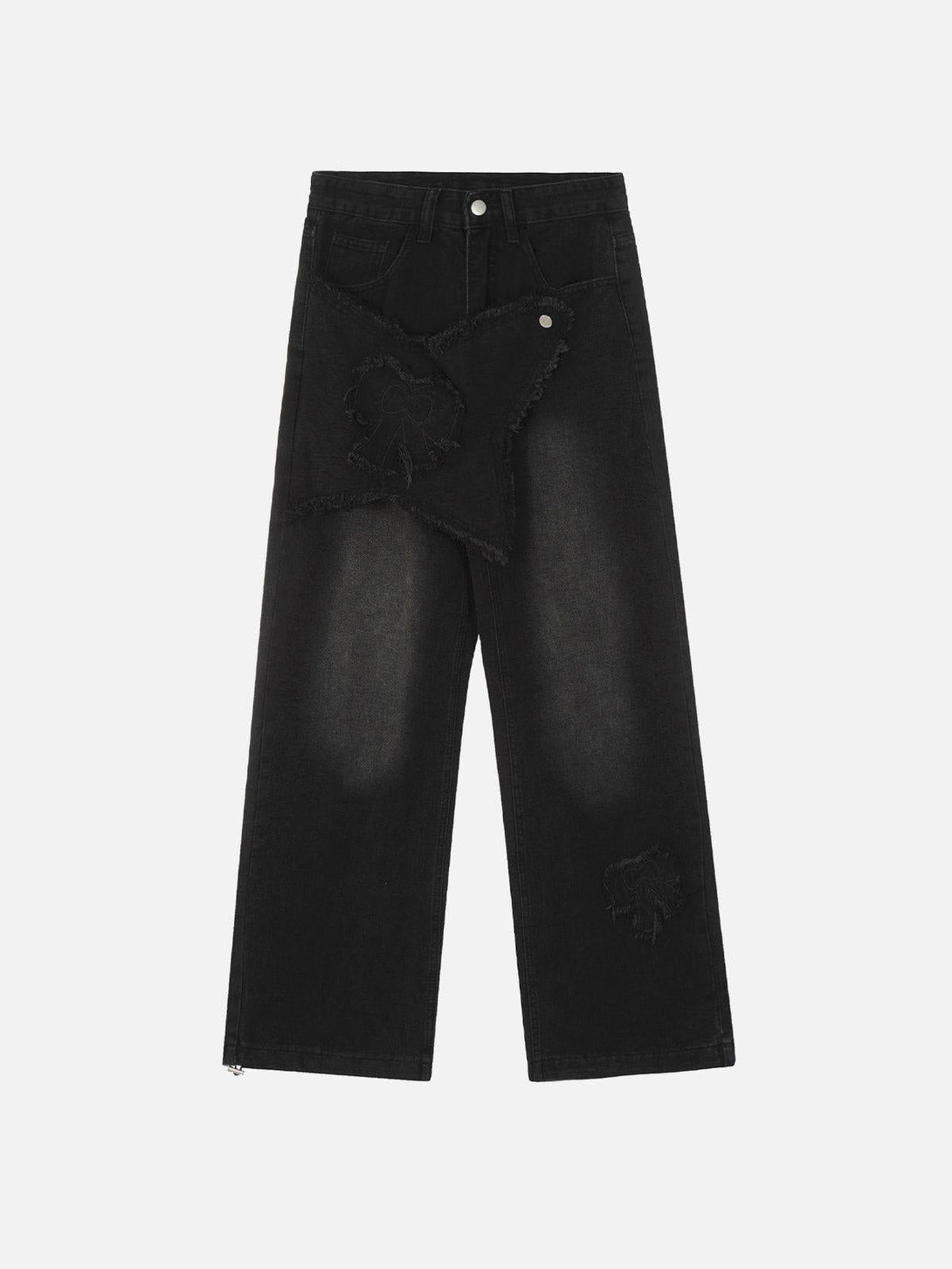 Front view of black TALISHKO fringe bow jeans with unique patchwork and relaxed style.