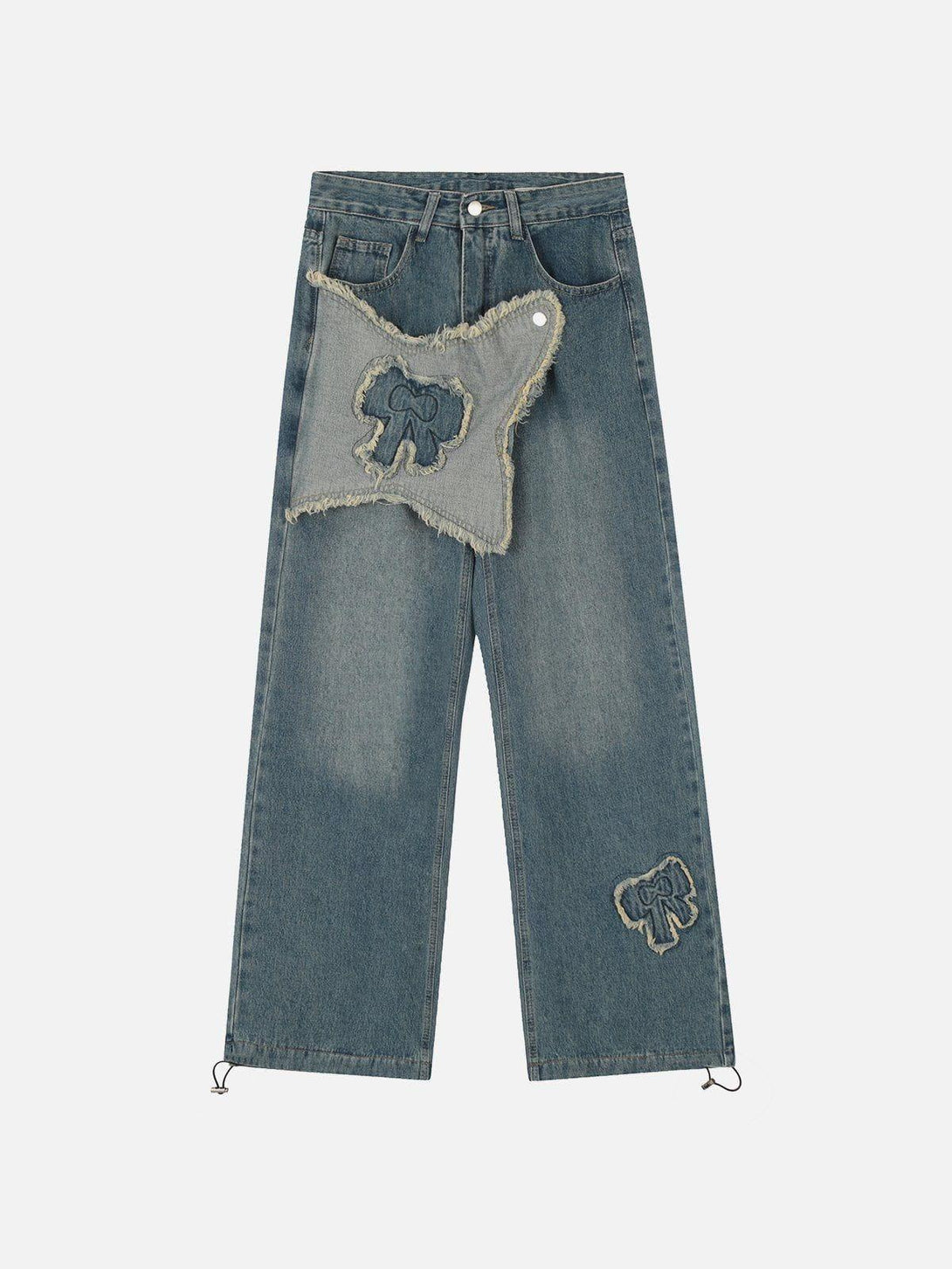 Front view of blue TALISHKO fringe bow jeans with unique patchwork and relaxed silhouette.