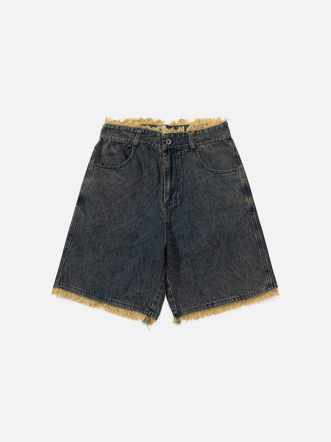 Front view of blue fringe denim jorts by TALISHKO, perfect for casual summer style.