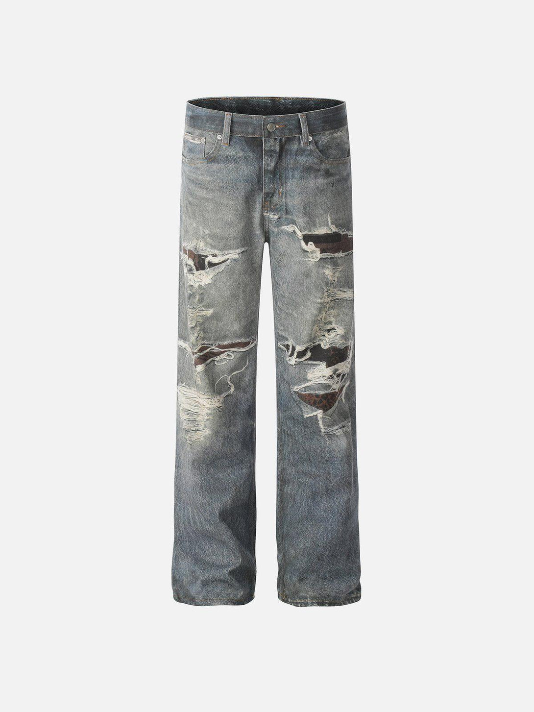 Front view of blue fringe distressed jeans by TALISHKO, showcasing urban fashion style.
