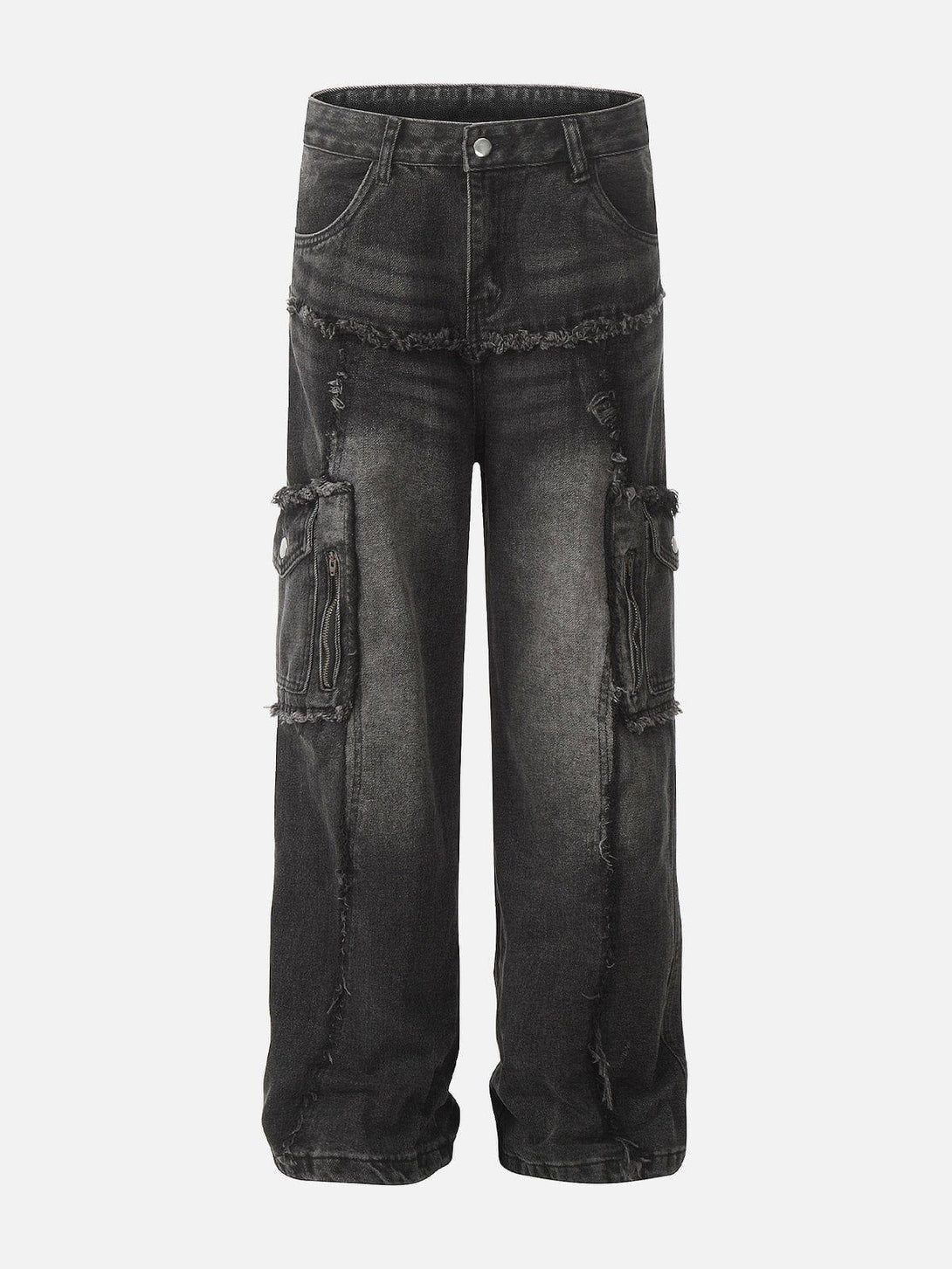 Front view of black fringe multi-pocket jeans by TALISHKO, featuring an urban edge.
