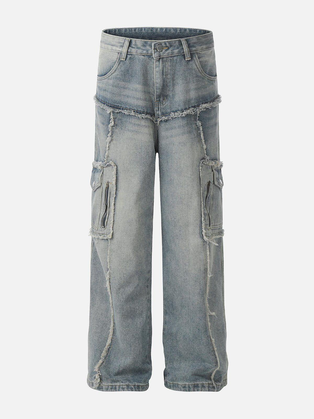 Front view of blue fringe multi-pocket jeans by TALISHKO, showcasing an edgy street style.
