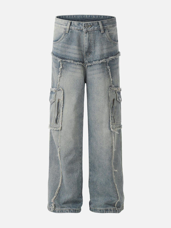Front view of blue fringe multi-pocket jeans by TALISHKO, showcasing an edgy street style.