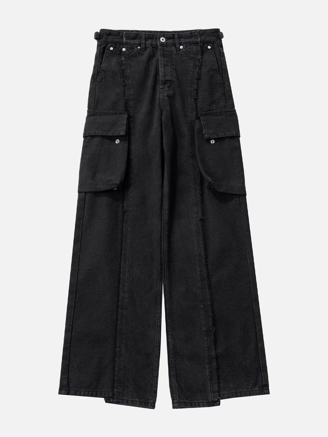 Front view of black fringe jeans with multiple pockets by TALISHKO, showcasing edgy style.