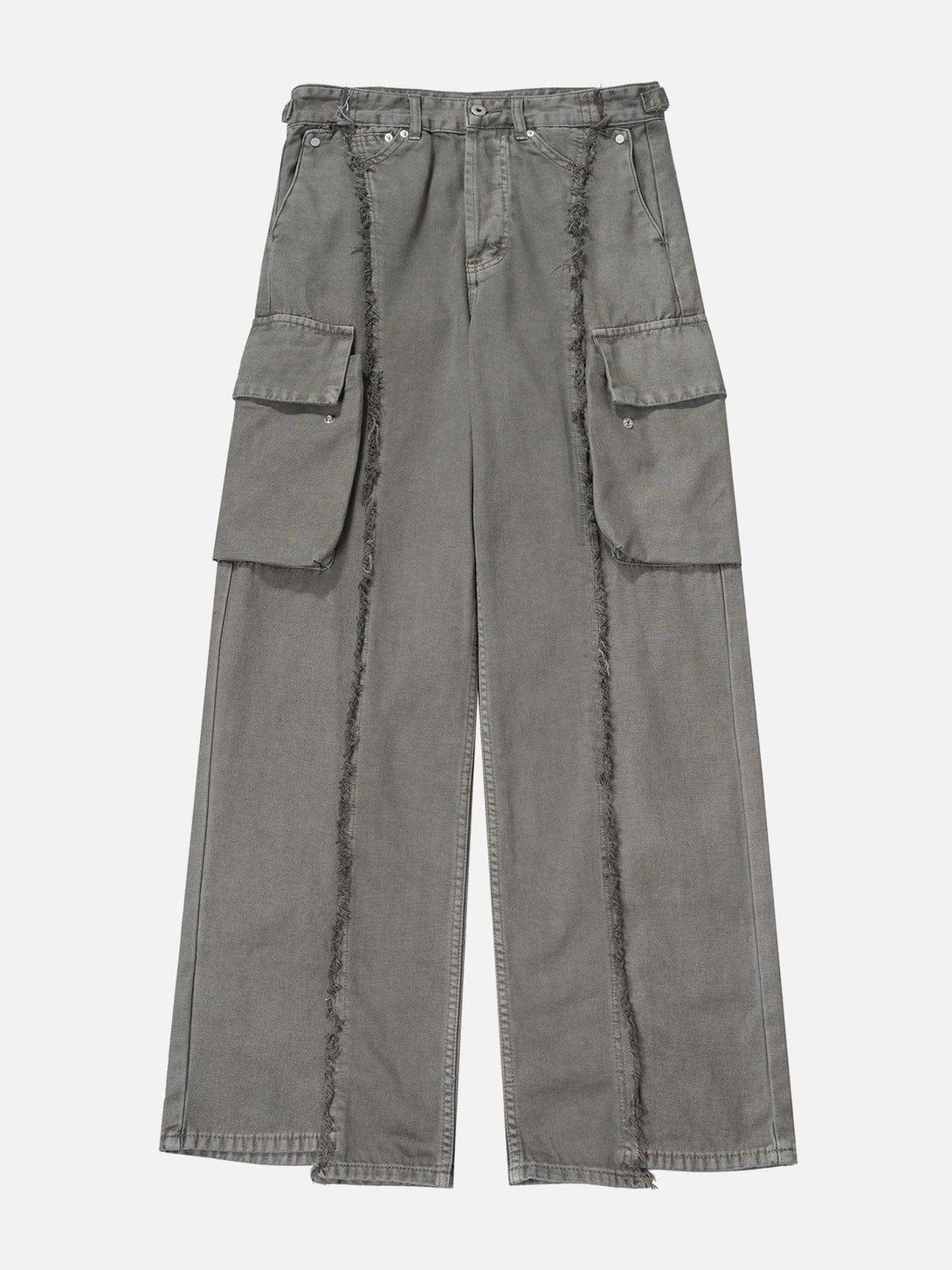 Gray fringe denim pants with multiple pockets, front view by TALISHKO, exuding urban style.