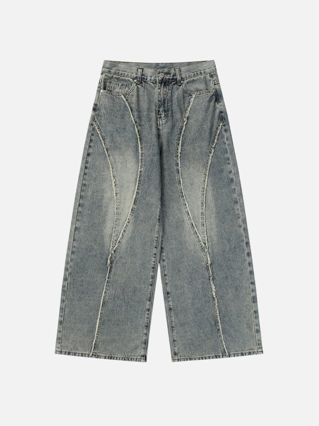 Front view of gray fringe patchwork loose jeans by TALISHKO, showcasing a unique streetwear style.